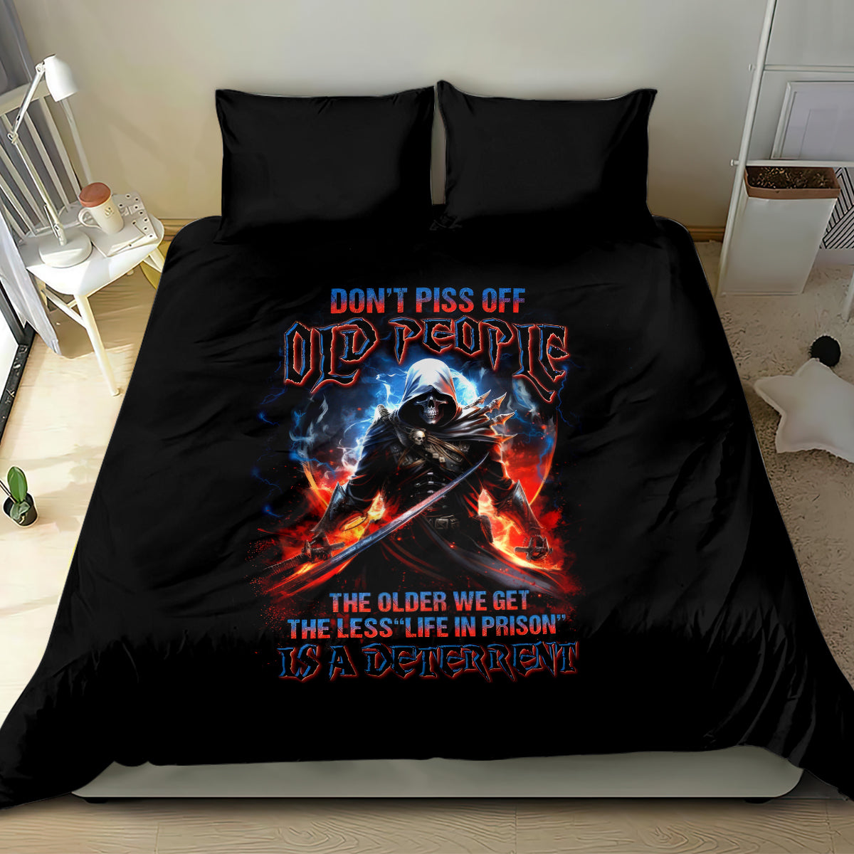 Black duvet cover bedding set with warrior skull scene in red and blue flames, two pillows