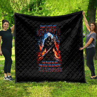 Black quilt with diamond quilting and a fiery warrior skull graphic, large square throw