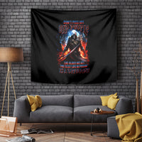 Black hanging tapestry featuring a fiery warrior skull graphic with colorful lettering