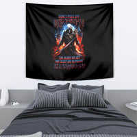 Black hanging tapestry with fiery warrior skull graphic and colorful quote text