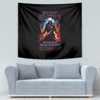 Black hanging tapestry with fiery warrior skull artwork and colorful quote text