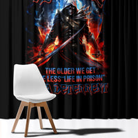 Black window curtain with warrior skull graphic and fiery red-blue energy design