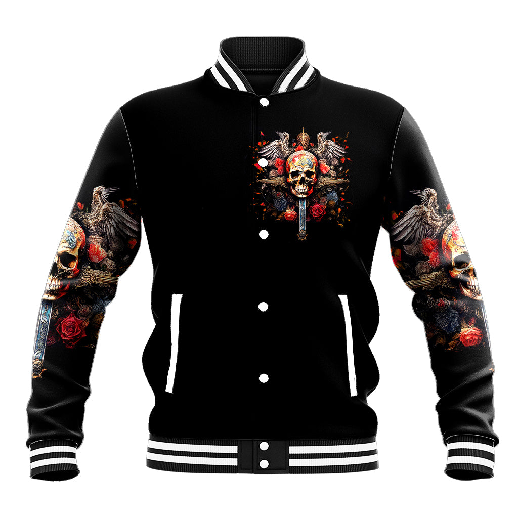 Black baseball jacket with front button placket, skull graphic, striped ribbed collar