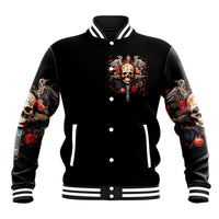 Black baseball jacket with front button placket, skull graphic, striped ribbed collar