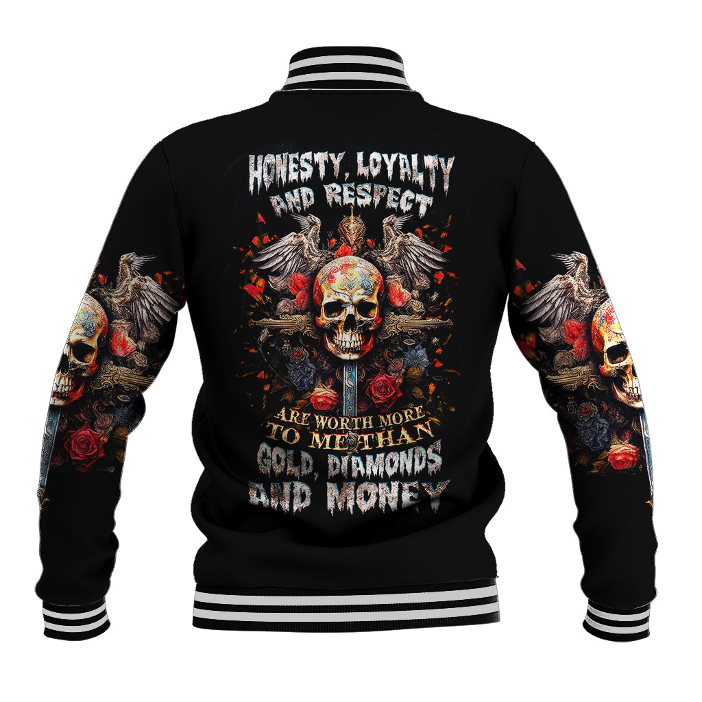Black baseball jacket with back skull graphic, striped ribbed collar and cuffs
