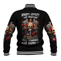 Black baseball jacket with back skull graphic, striped ribbed collar and cuffs