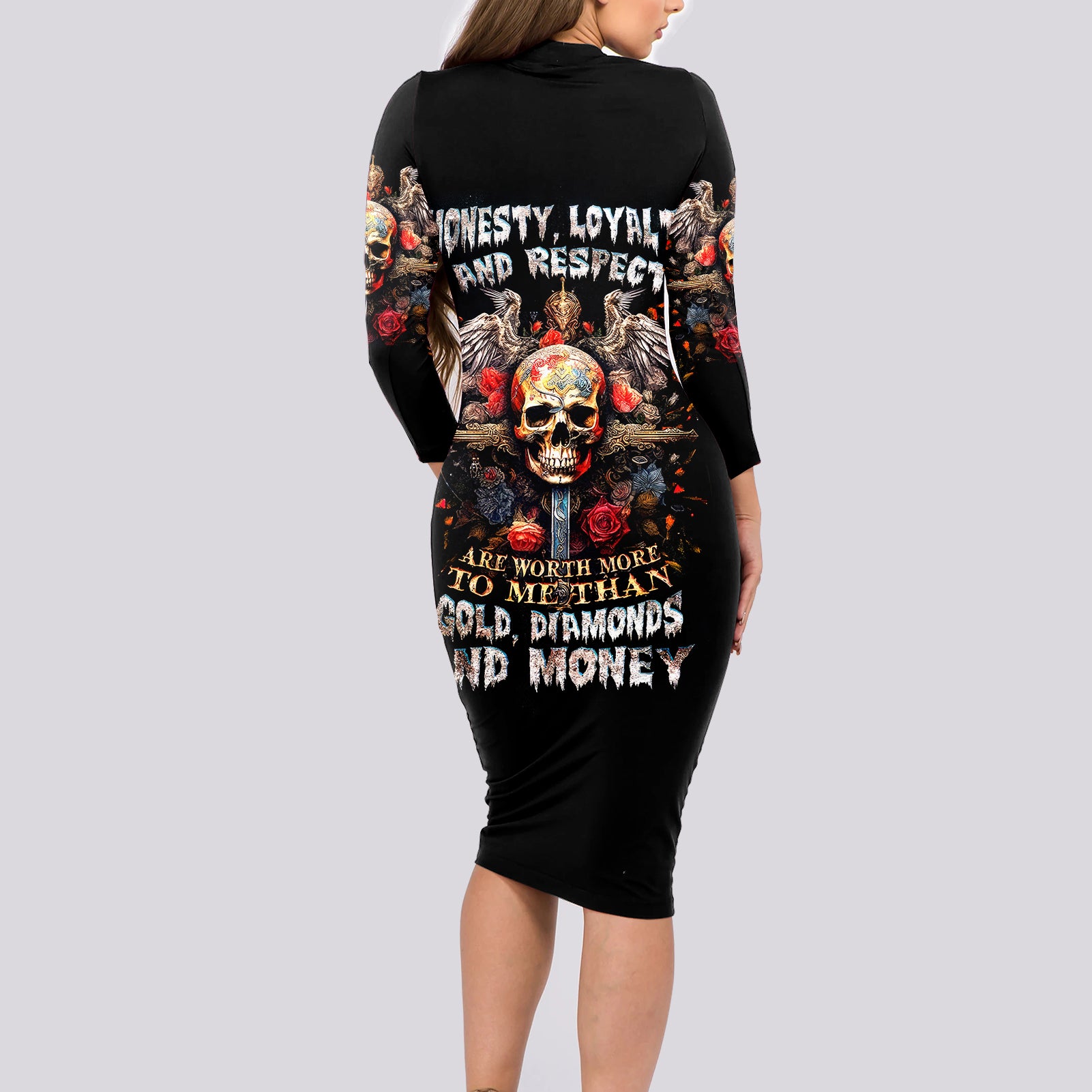 Cross Skull Long Sleeve Bodycon Dress Honesty Loyalty And Respect Worth More Than Gold, Diamond - Wonder Print Shop