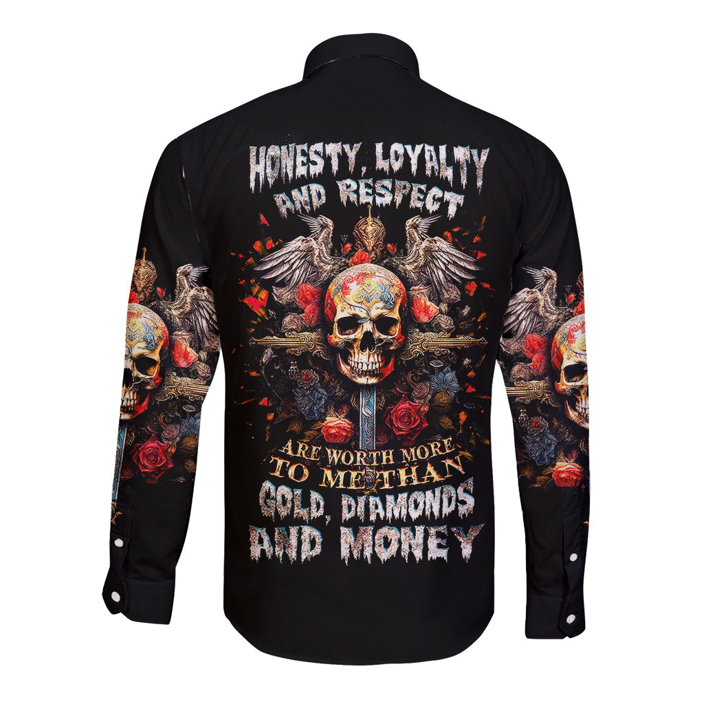 Cross Skull Long Sleeve Button Shirt Honesty Loyalty And Respect Worth More Than Gold, Diamond - Wonder Print Shop