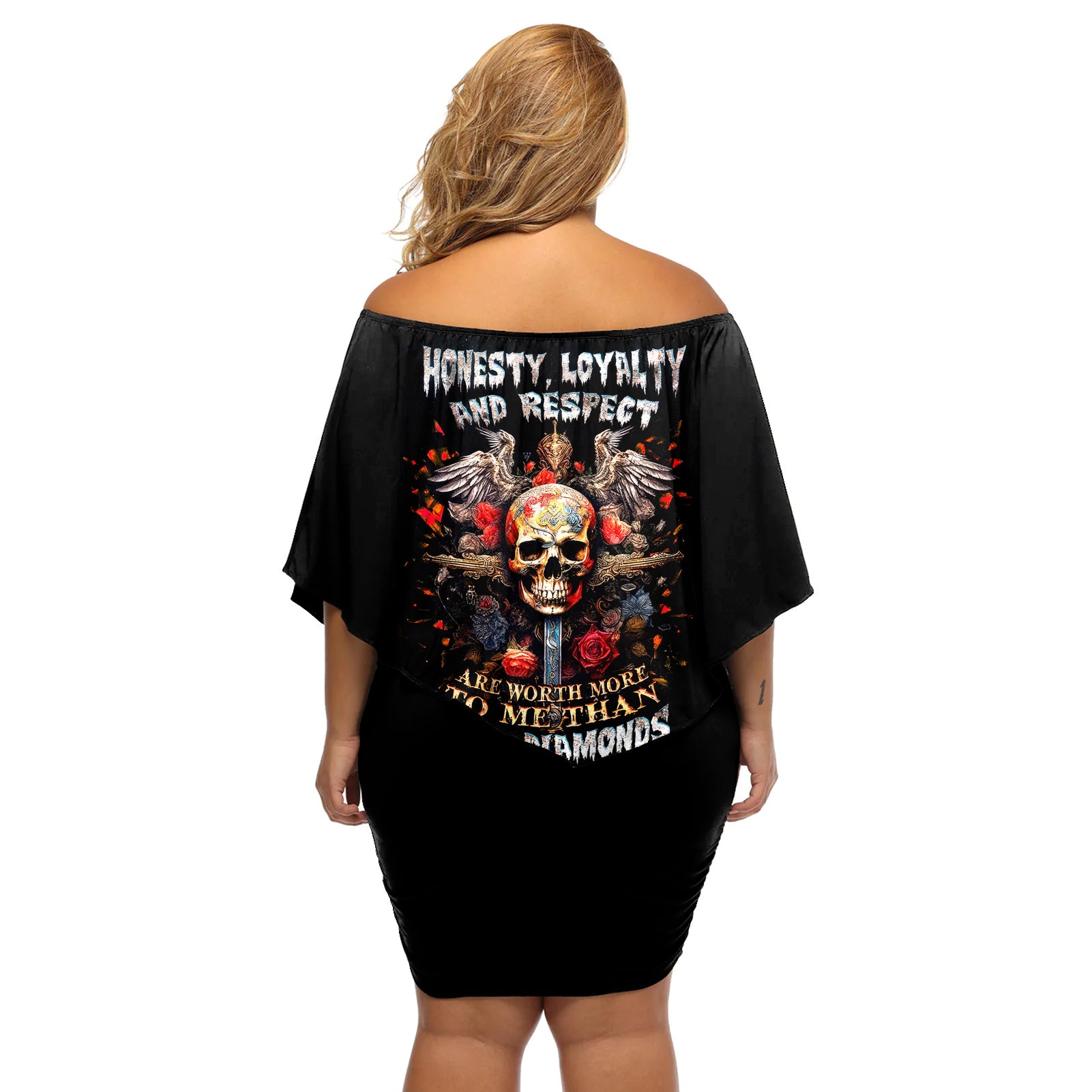 Cross Skull Off Shoulder Short Dress Honesty Loyalty And Respect Worth More Than Gold, Diamond - Wonder Print Shop