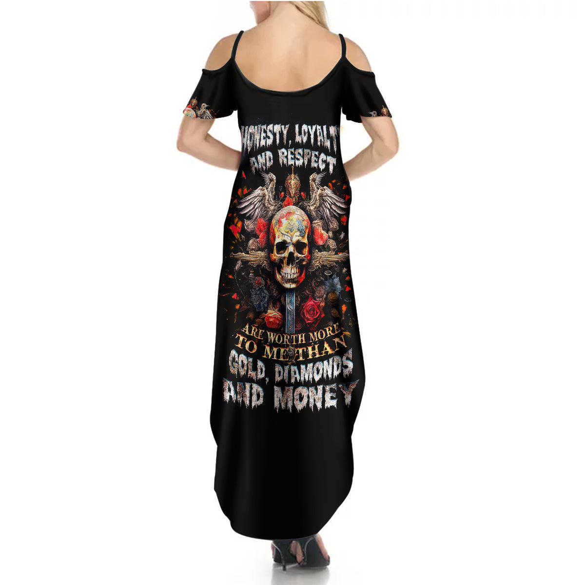 Cross Skull Summer Maxi Dress Honesty Loyalty And Respect Worth More Than Gold, Diamond - Wonder Print Shop