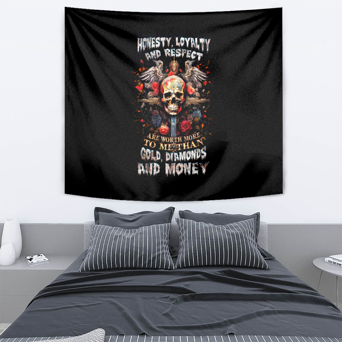 Black skull tapestry with wings and “Honesty, Loyalty, and Respect” text