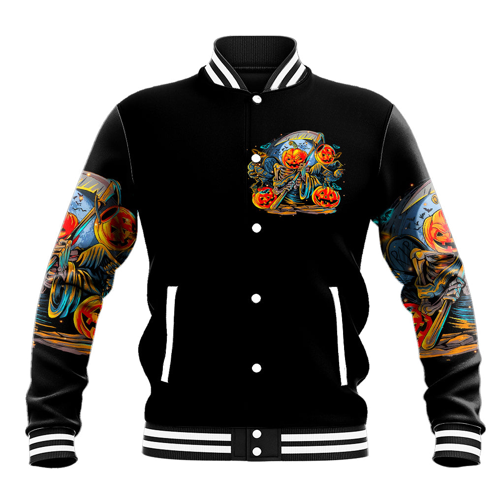 Black unisex baseball jacket with snap front, striped cuffs, and chest skull artwork