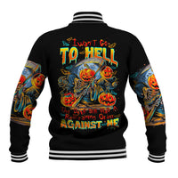 Black unisex baseball jacket with ribbed striped collar and large back skull graphic