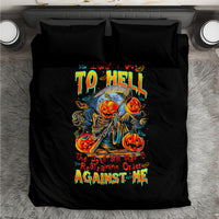 Black bedding set with central devil skull artwork and multi-color gothic text