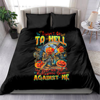 Black bedding set with colorful devil skull graphic and bold 'TO HELL' lettering