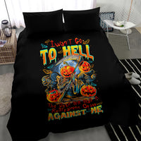 Black bedding set with skeleton devil pumpkin skull print and 'AGAINST ME' text