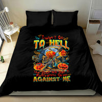 Black bedding set with two pillowcases and vibrant devil skull 'TO HELL' lettering