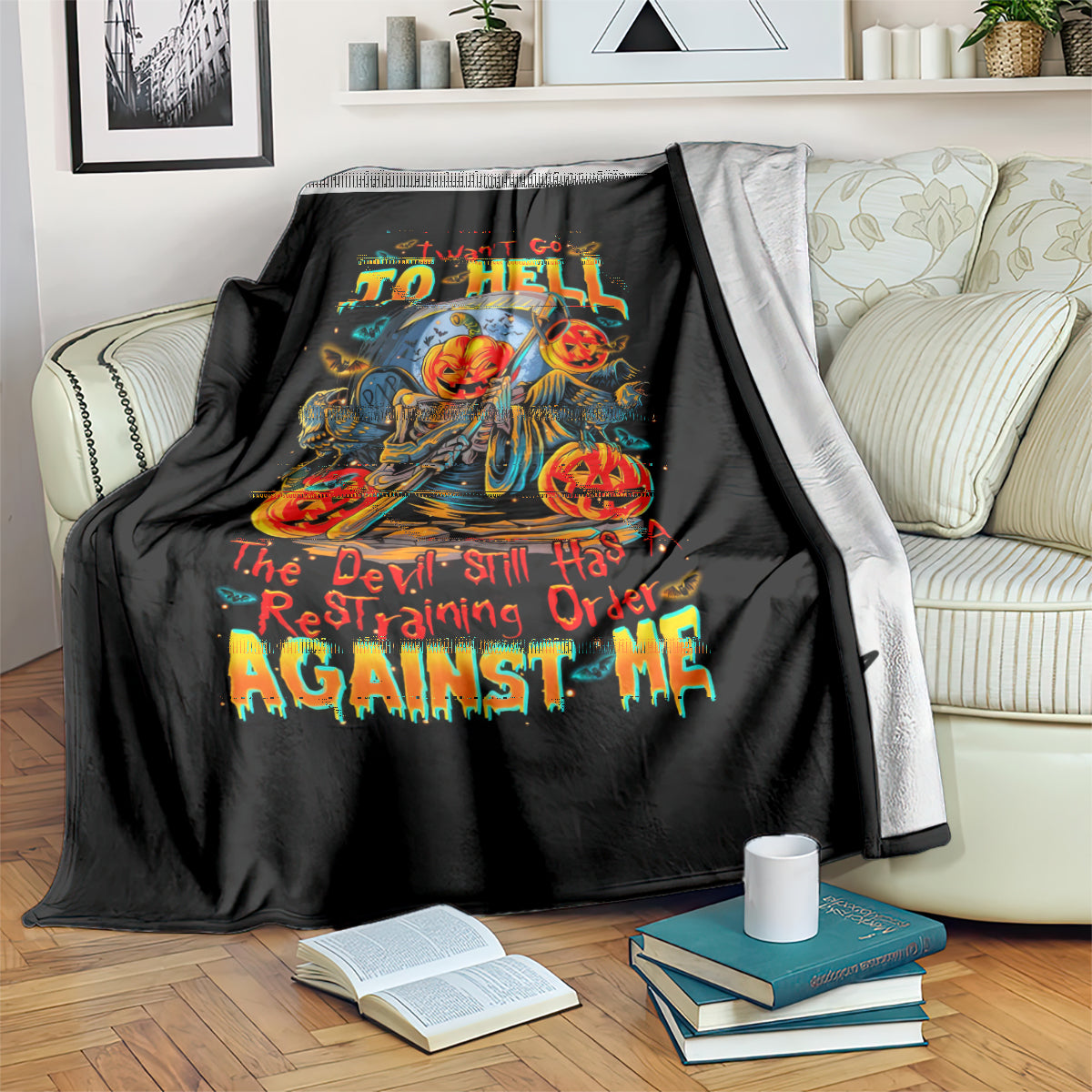 Black throw blanket featuring pumpkin skull skeleton, “TO HELL” title, and “AGAINST ME” text.