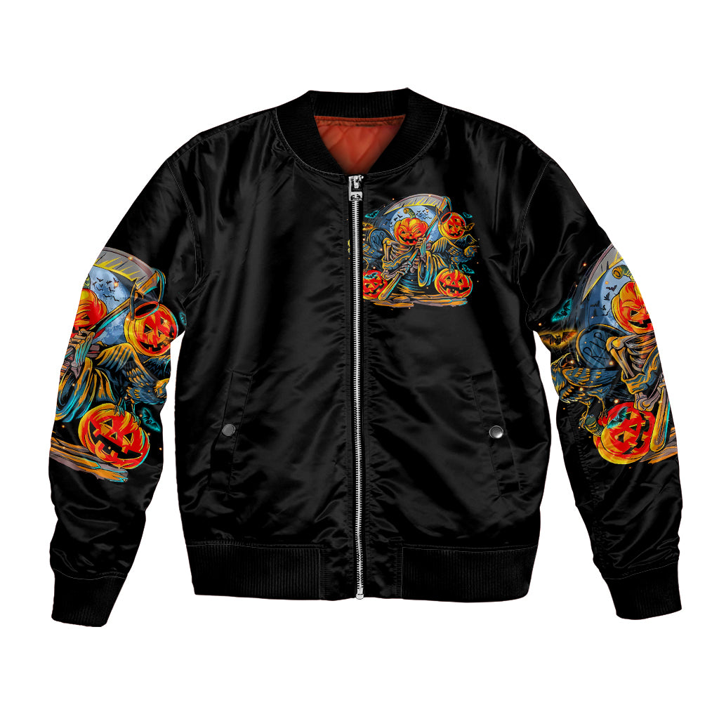 Black unisex bomber jacket, front zipper, ribbed hem, pumpkin skull devil graphic on chest.