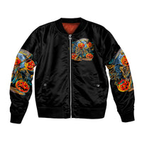 Black unisex bomber jacket, front zipper, ribbed hem, pumpkin skull devil graphic on chest.
