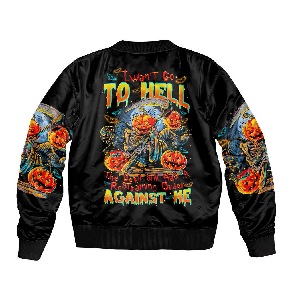 Black unisex satin bomber jacket, ribbed cuffs, full back pumpkin skull devil graphic.