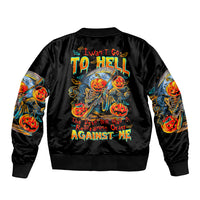 Black unisex satin bomber jacket, ribbed cuffs, full back pumpkin skull devil graphic.