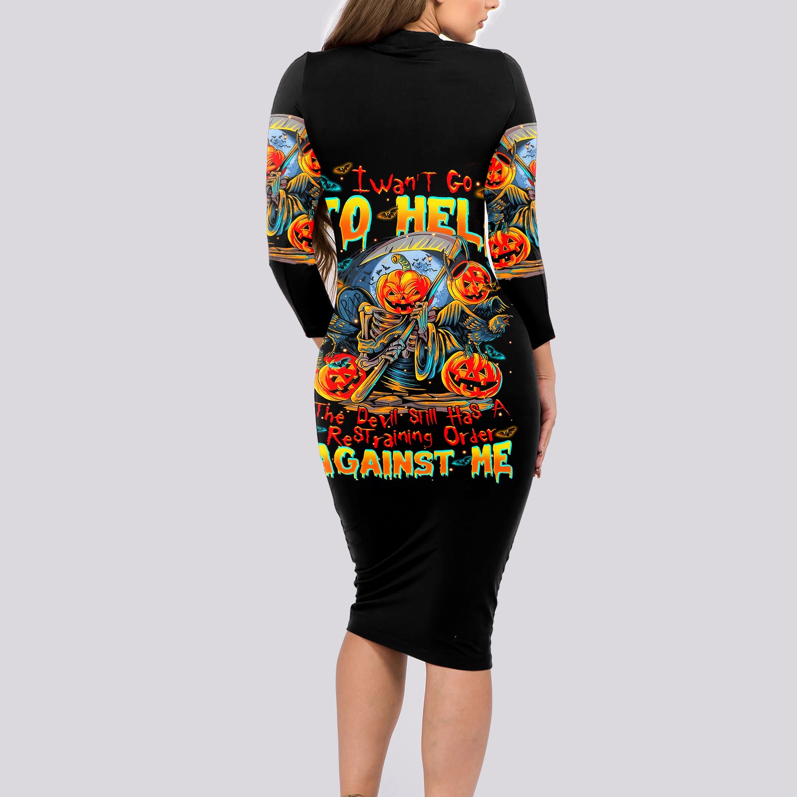 Pumpkin Skull Long Sleeve Bodycon Dress I Wan't Go To Hell The Devil Still Restraining Against Me - Wonder Print Shop