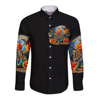 Unisex black long-sleeve button shirt, front chest graphic and sleeve skull illustrations