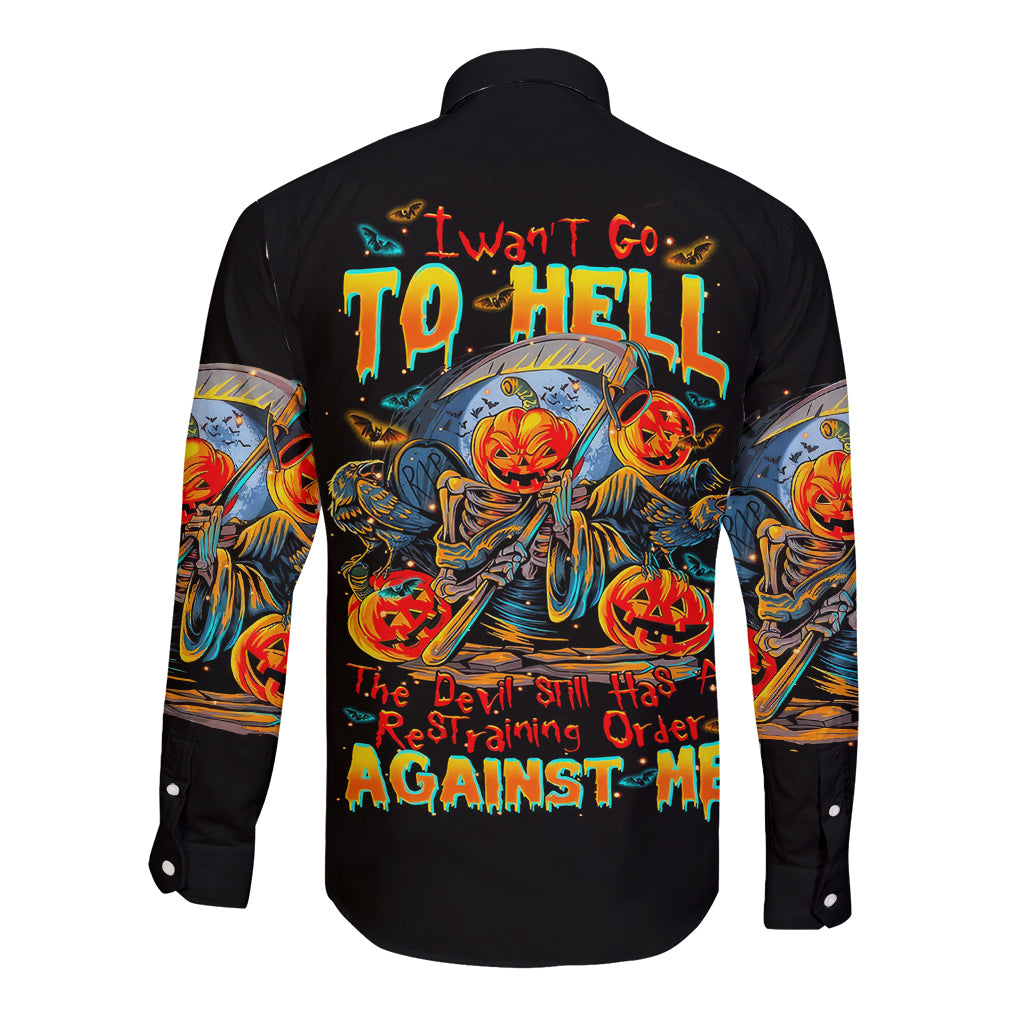 Unisex black long-sleeve button shirt, back skull pumpkin graphic with bold text