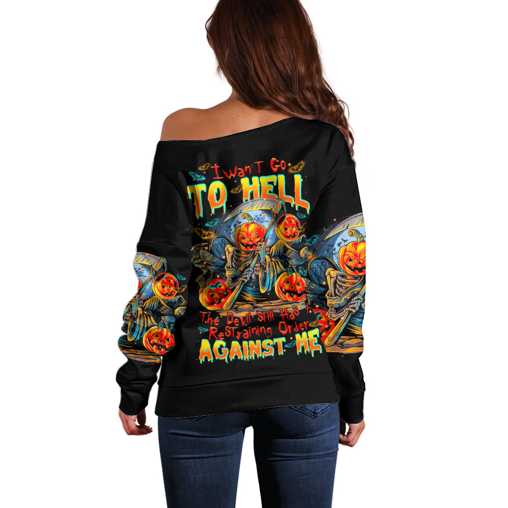 Pumpkin Skull Off Shoulder Sweater I Wan't Go To Hell The Devil Still Restraining Against Me - Wonder Print Shop