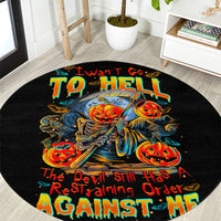 Black round horror graphic carpet with skeleton rider and colorful text