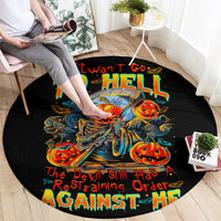 Black round horror graphic carpet with skull rider design and bold multicolor lettering