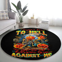 Black round horror graphic rug with central skull rider and multicolor phrase