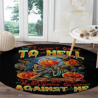 Black round horror rug with skull rider artwork and red-blue-yellow lettering