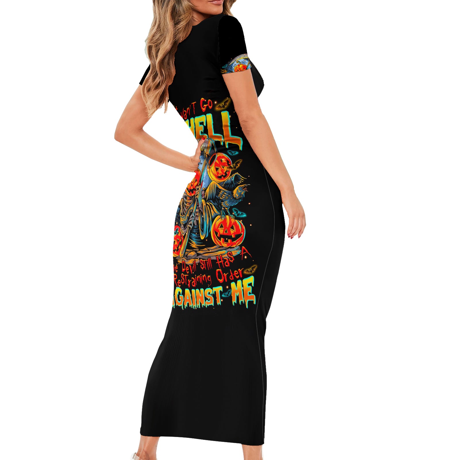 Pumpkin Skull Short Sleeve Bodycon Dress I Wan't Go To Hell The Devil Still Restraining Against Me - Wonder Print Shop