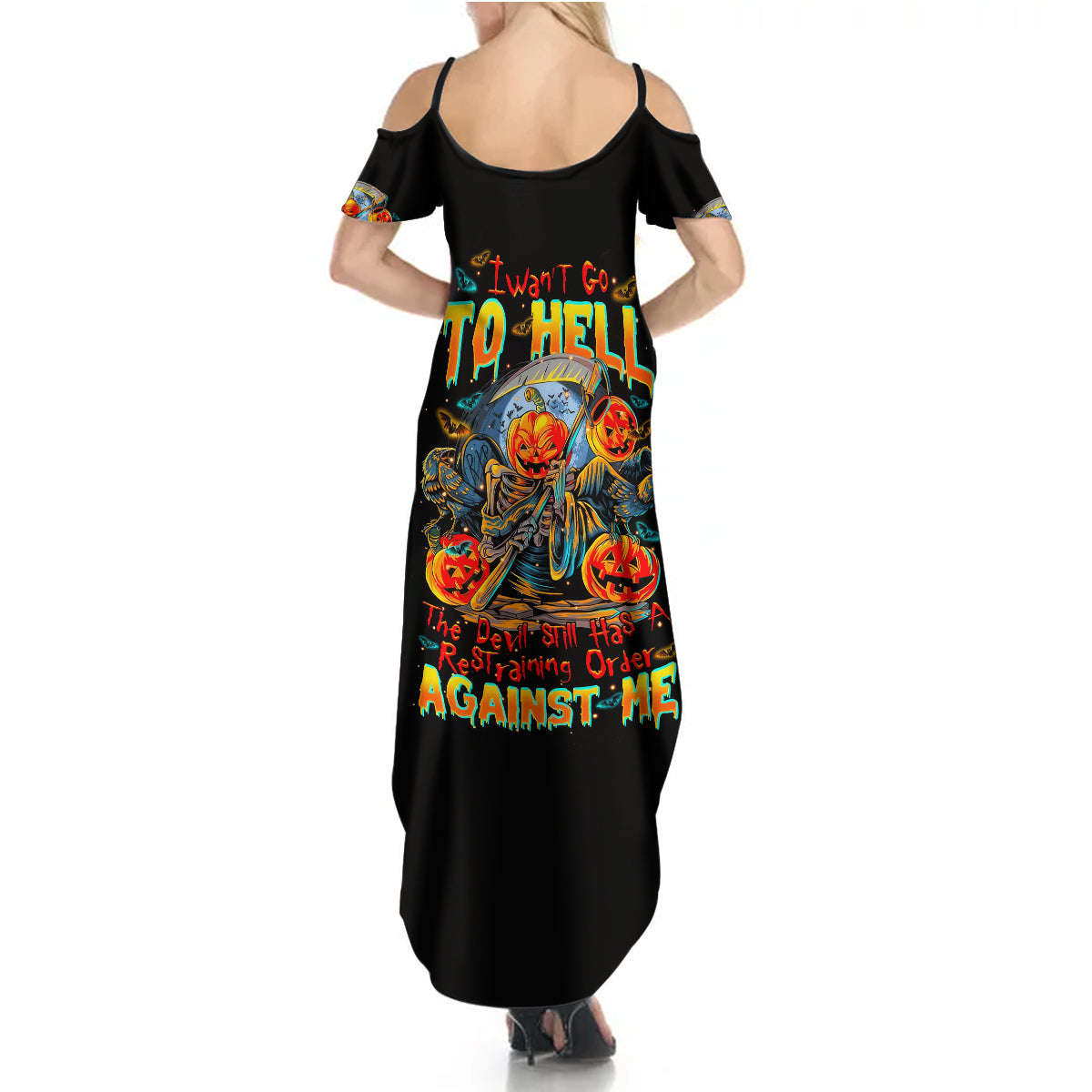 Pumpkin Skull Summer Maxi Dress I Wan't Go To Hell The Devil Still Restraining Against Me - Wonder Print Shop