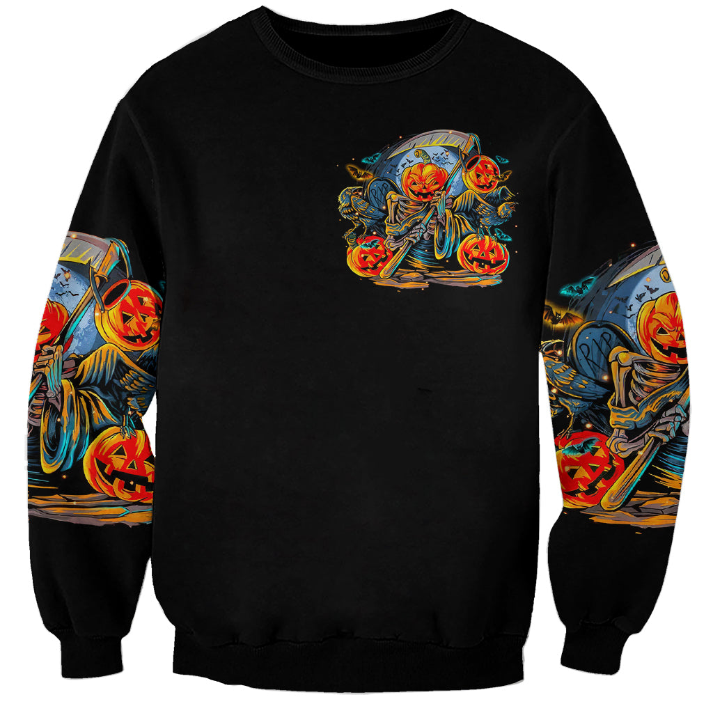 Black unisex sweatshirt with colorful devil pumpkin skull graphic on front