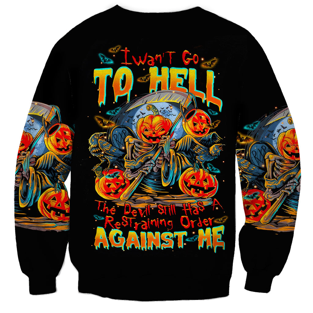 Black unisex sweatshirt with colorful devil pumpkin skull graphic and front text