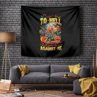 Black wall tapestry with colorful devil-skull graphic, hung on brick wall