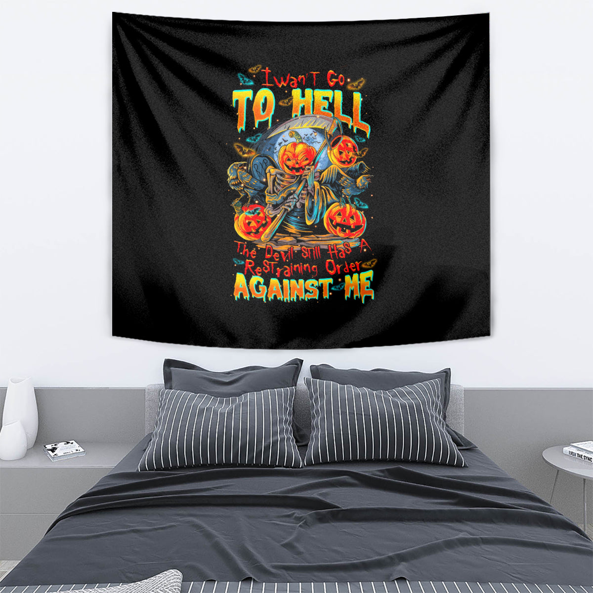 Black wall tapestry with colorful devil-skull and flame graphic