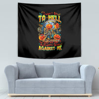Black hanging tapestry with colorful devil-skull artwork in the center