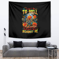 Black wall tapestry with colorful devil-skull and orange flame graphic