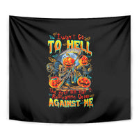 Black wall tapestry featuring a centered colorful devil-skull graphic