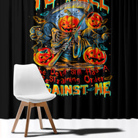 Black window curtain with colorful pumpkin skull skeleton artwork on hanging panels
