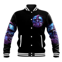 Black baseball jacket with witch-skull graphic on front, button placket and striped cuffs