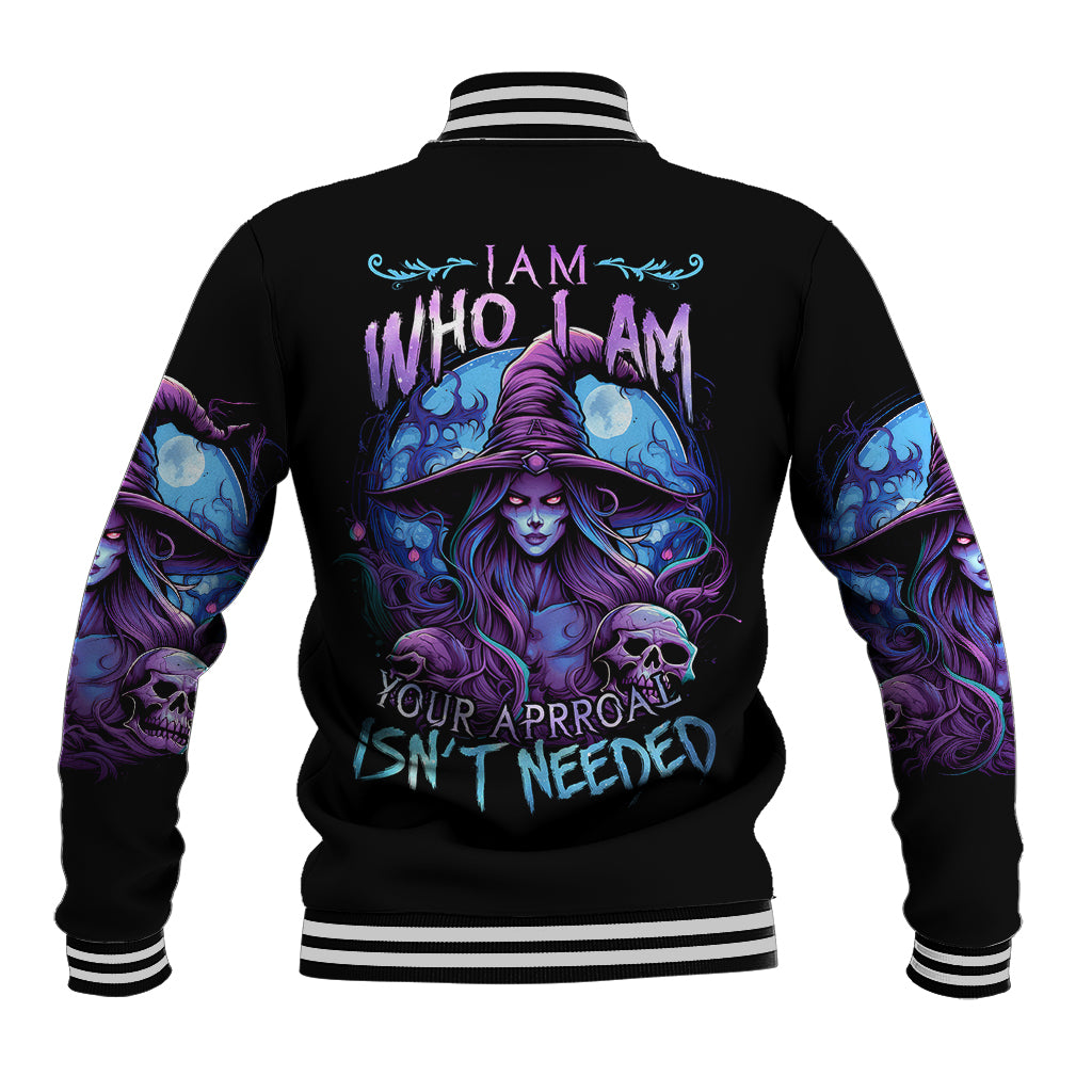 Black baseball jacket with witch and skull back graphic, striped ribbed collar/cuffs