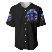 Black button-front baseball jersey with purple-blue witch portrait graphic