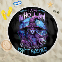 Round black beach blanket with fringed white border and large purple witch portrait graphic.