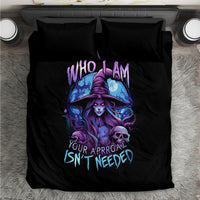Black duvet bedding set with centered purple witch skull artwork and two pillows