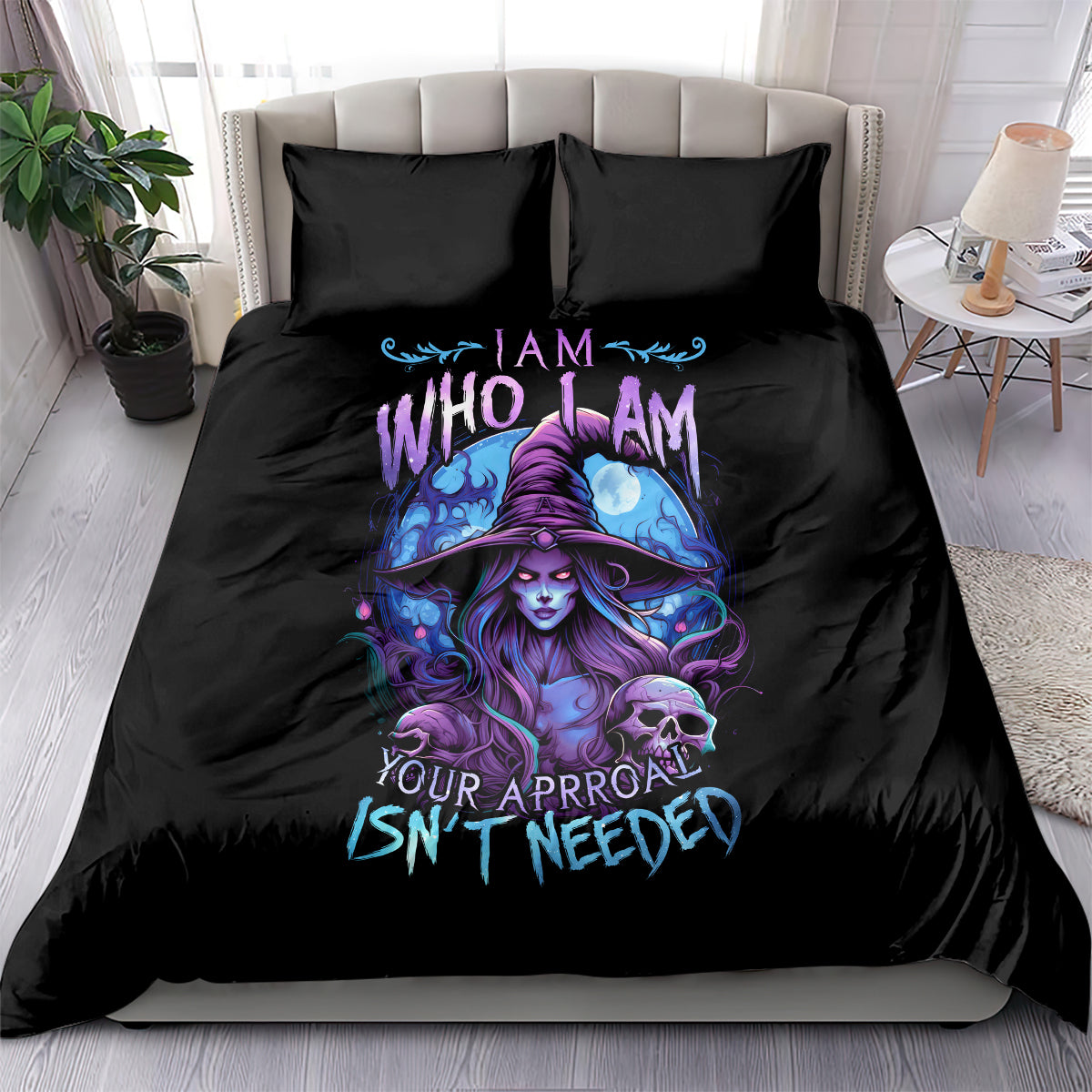 Black witch skull bedding set with purple graphic on duvet and two matching pillows